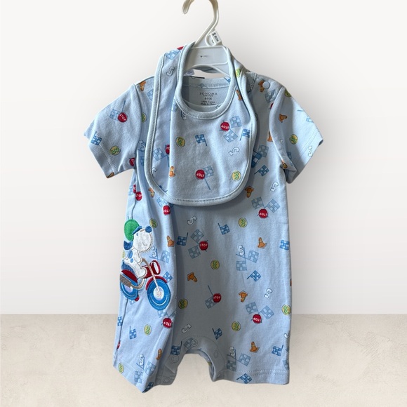SONOMA Blue Baby Romper with Bib Motorcycle Design, 6-9 Months NWT - Picture 1 of 4